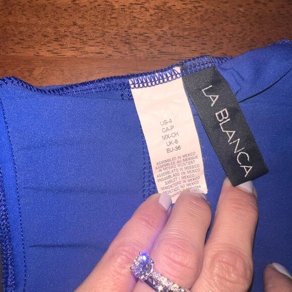 La Blanca Ribbed Royal Blue Plunge V-Neck Cross Back One-Piece Swimsuit US 4 - Picture 4 of 7